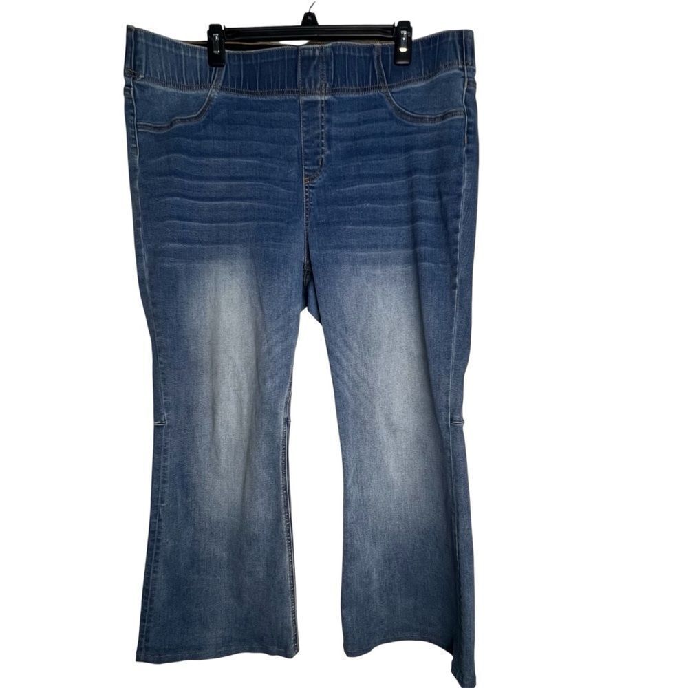 Soft Surroundings Blue Denim Flare Bootcut Women Pull On Jeans Sz XL Boho indie